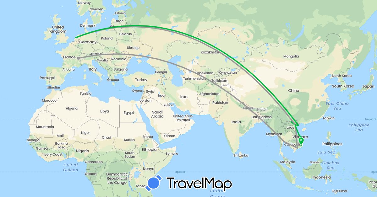 TravelMap itinerary: bus, plane, train in Switzerland, Thailand, Vietnam (Asia, Europe)